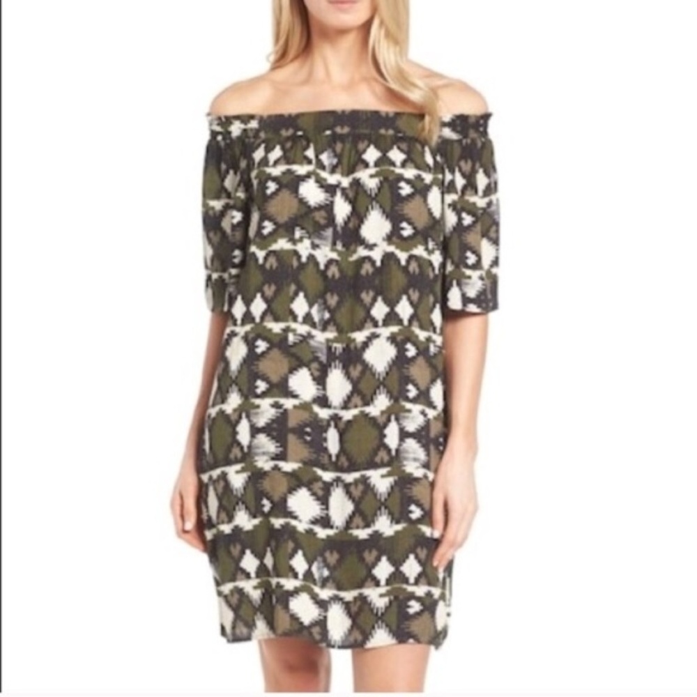 Caslon Off The Shoulder Green Patterned Dress